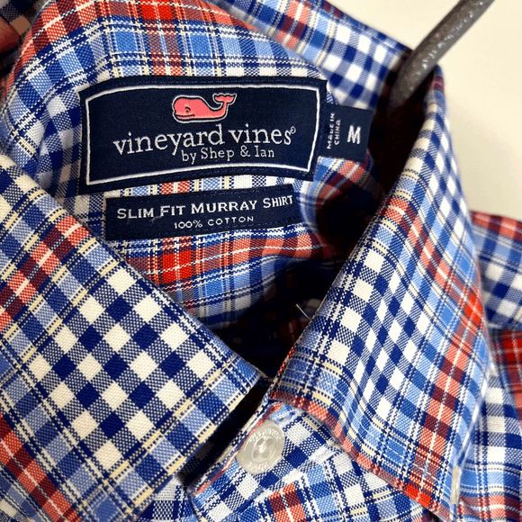 Vineyard Vines Slim Fit Murray Shirt Blue White Orange Plaid 100% Cotton Size M - Picture 2 of 3